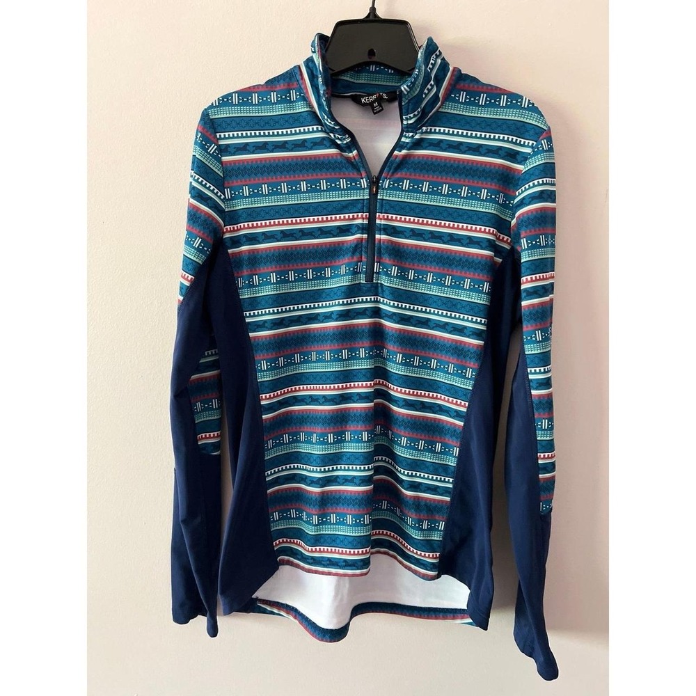 Kerrits Women's Half Zip Blue Fair Isle Nordic Print Long Sleeve Top Size Medium